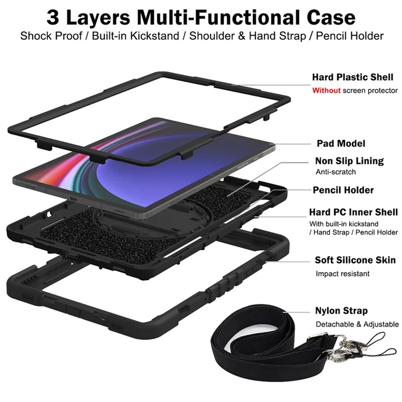Shockproof Case for Samsung Galaxy Tab S9 Kickstand Silicone+PC Tablet Cover with Wrist Band / Shoulder Strap - All Black