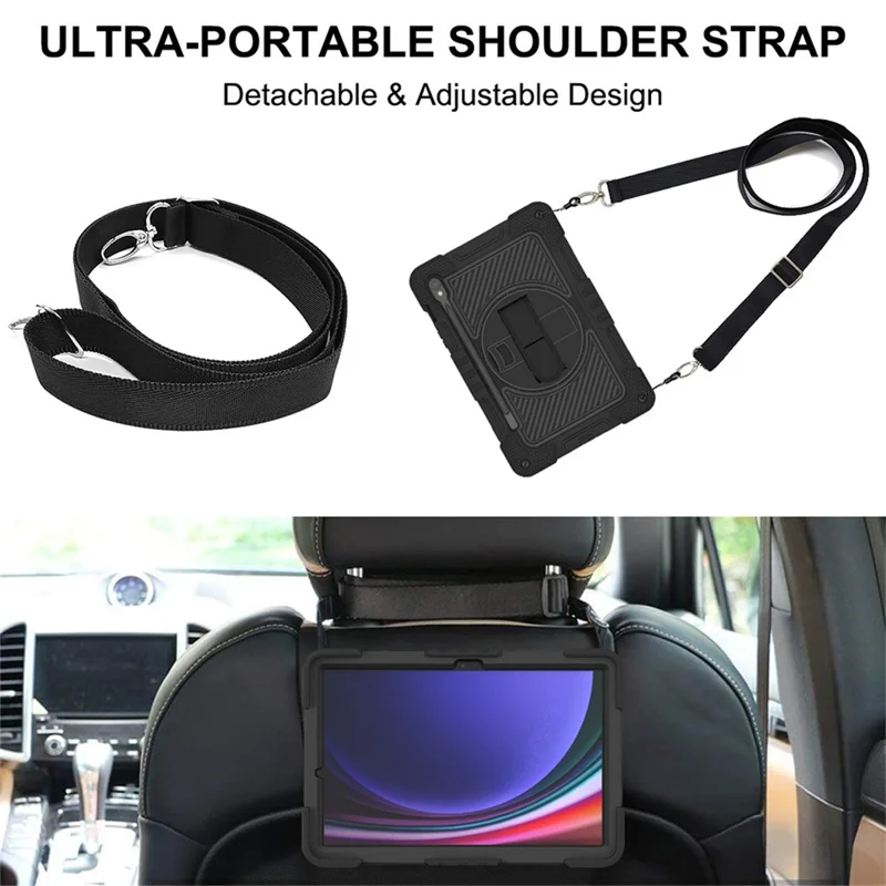 Shockproof Case for Samsung Galaxy Tab S9 Kickstand Silicone+PC Tablet Cover with Wrist Band / Shoulder Strap - All Black