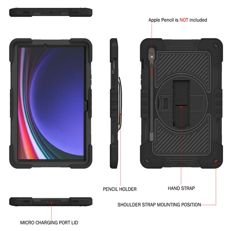 Shockproof Case for Samsung Galaxy Tab S9 Kickstand Silicone+PC Tablet Cover with Wrist Band / Shoulder Strap - All Black