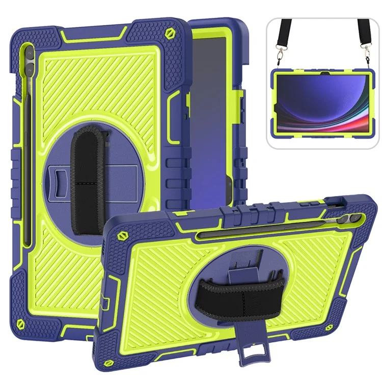 Schützende Ständerhalterung für Samsung Galaxy Tab S9+ Stoßfeste Silikon+PC-Tablet-Abdeckung mit Handgelenkband / Schultergurt - Navy Blau+Gelbgrün
