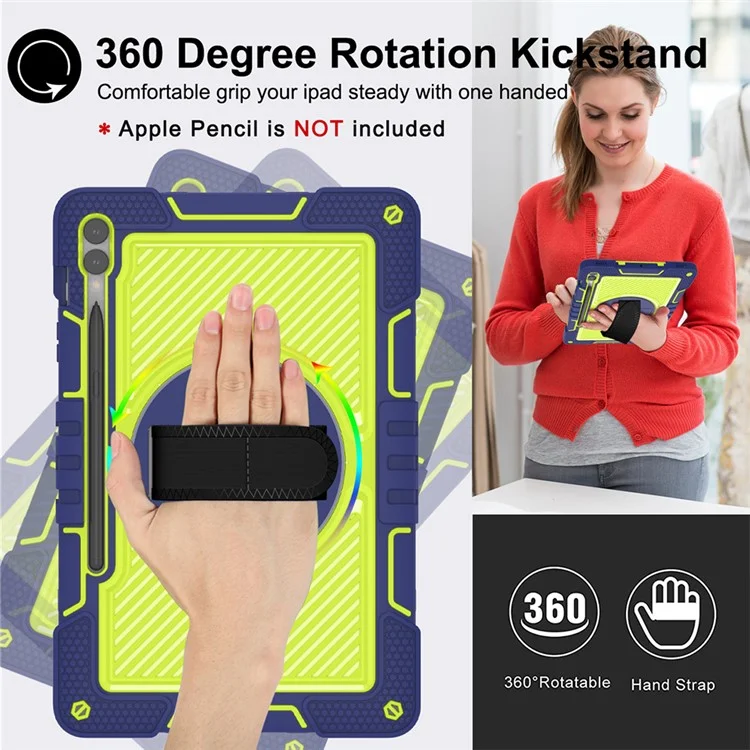 Schützende Ständerhalterung für Samsung Galaxy Tab S9+ Stoßfeste Silikon+PC-Tablet-Abdeckung mit Handgelenkband / Schultergurt - Navy Blau+Gelbgrün