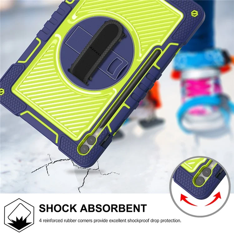 Schützende Ständerhalterung für Samsung Galaxy Tab S9+ Stoßfeste Silikon+PC-Tablet-Abdeckung mit Handgelenkband / Schultergurt - Navy Blau+Gelbgrün