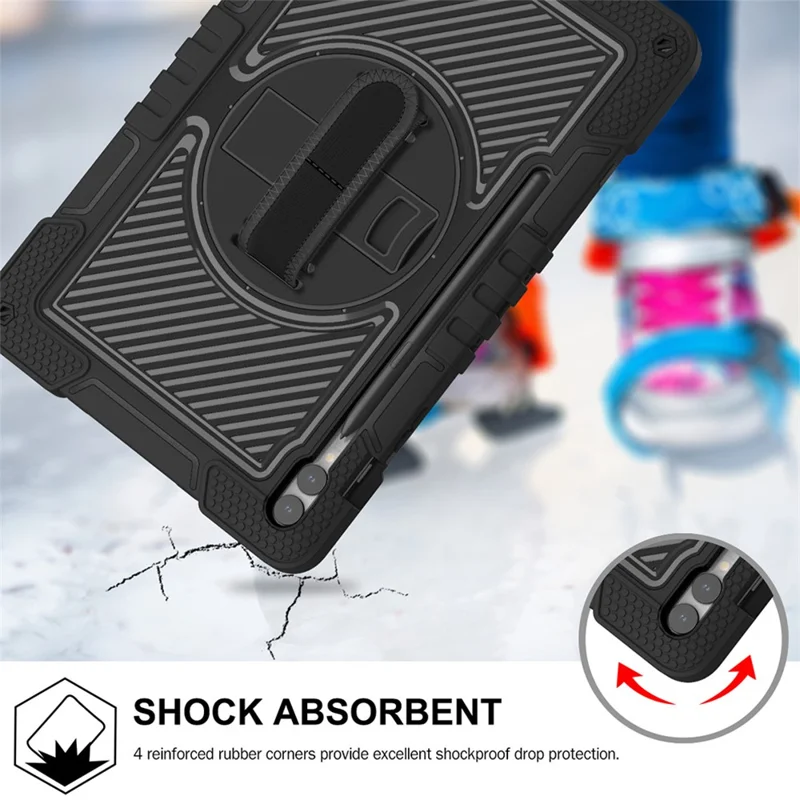 Protective Kickstand Case for Samsung Galaxy Tab S9+ Anti-Drop Silicone+PC Tablet Cover with Wrist Band / Shoulder Strap - All Black