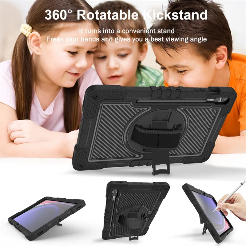 Protective Kickstand Case for Samsung Galaxy Tab S9+ Anti-Drop Silicone+PC Tablet Cover with Wrist Band / Shoulder Strap - All Black
