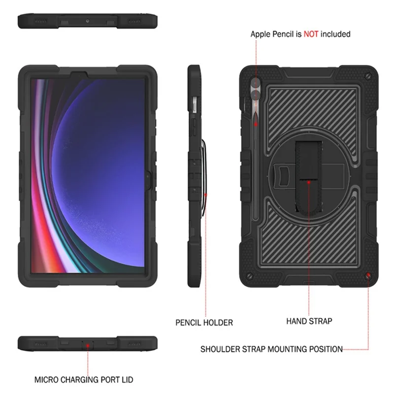 Protective Kickstand Case for Samsung Galaxy Tab S9+ Anti-Drop Silicone+PC Tablet Cover with Wrist Band / Shoulder Strap - All Black