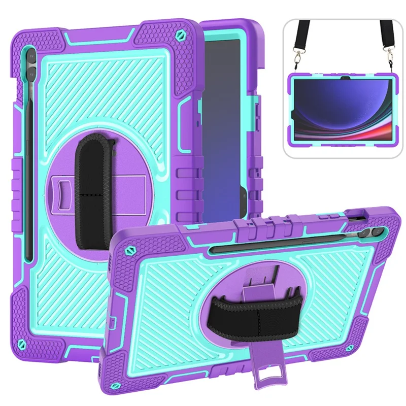 Protective Kickstand Case for Samsung Galaxy Tab S9+ Anti-Drop Silicone+PC Tablet Cover with Wrist Band / Shoulder Strap - Purple+Mint Green