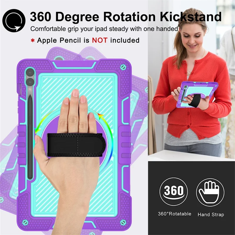 Protective Kickstand Case for Samsung Galaxy Tab S9+ Anti-Drop Silicone+PC Tablet Cover with Wrist Band / Shoulder Strap - Purple+Mint Green