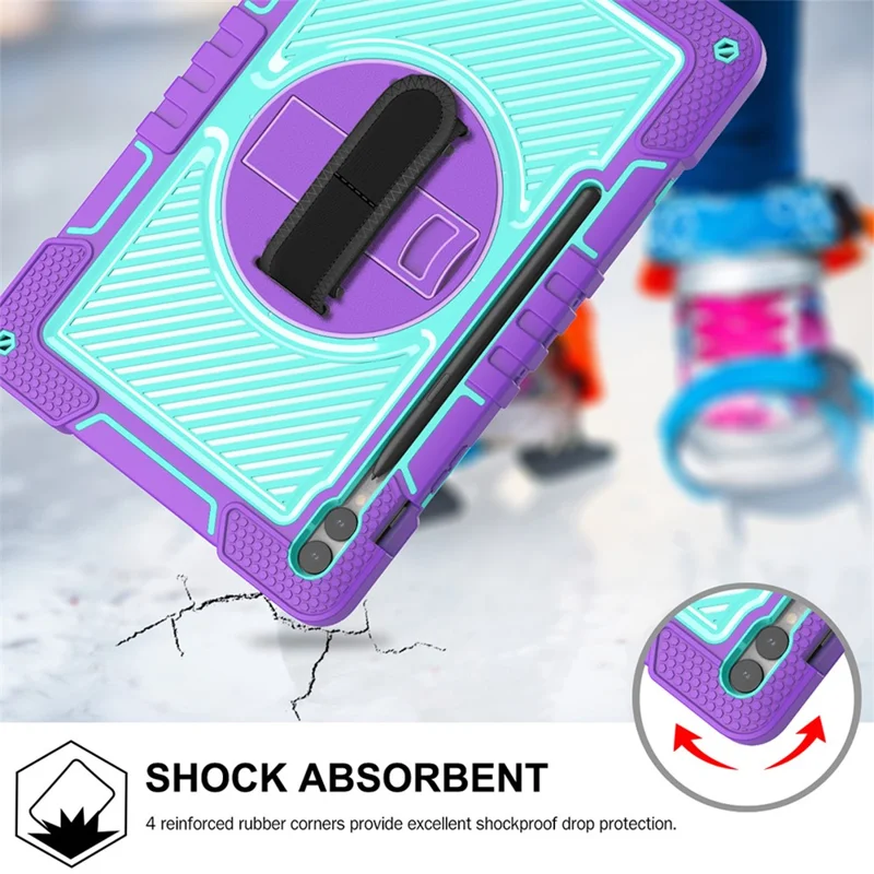 Protective Kickstand Case for Samsung Galaxy Tab S9+ Anti-Drop Silicone+PC Tablet Cover with Wrist Band / Shoulder Strap - Purple+Mint Green