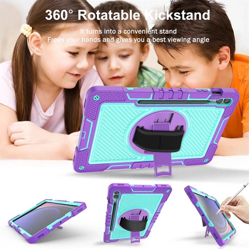 Protective Kickstand Case for Samsung Galaxy Tab S9+ Anti-Drop Silicone+PC Tablet Cover with Wrist Band / Shoulder Strap - Purple+Mint Green