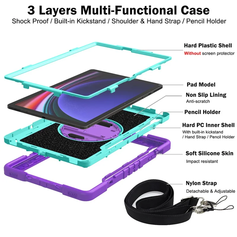 Protective Kickstand Case for Samsung Galaxy Tab S9+ Anti-Drop Silicone+PC Tablet Cover with Wrist Band / Shoulder Strap - Purple+Mint Green