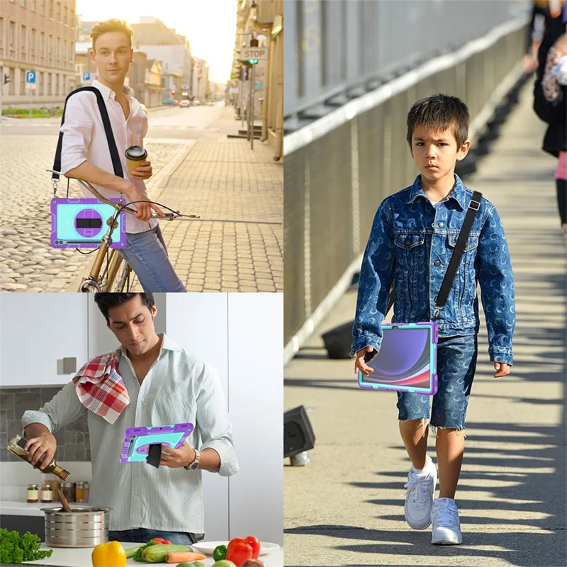 Protective Kickstand Case for Samsung Galaxy Tab S9+ Anti-Drop Silicone+PC Tablet Cover with Wrist Band / Shoulder Strap - Purple+Mint Green