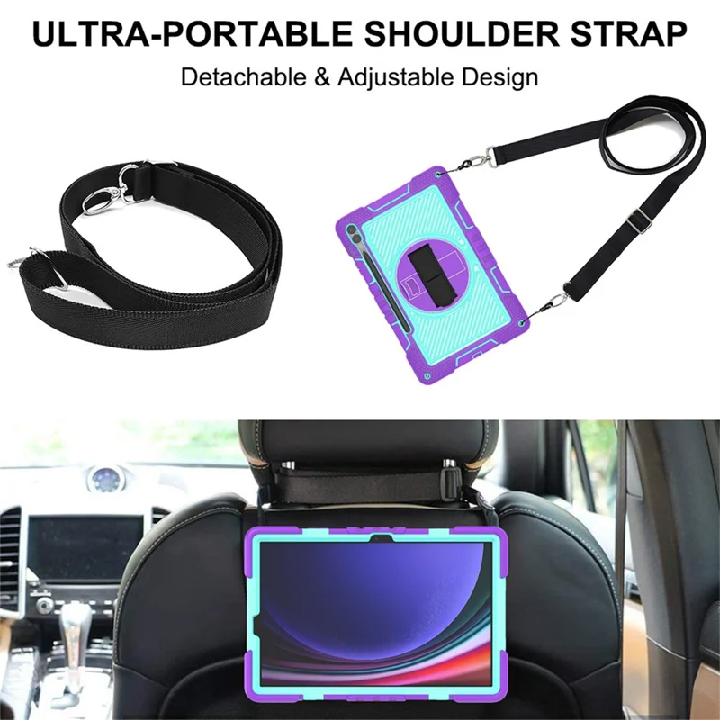 Protective Kickstand Case for Samsung Galaxy Tab S9+ Anti-Drop Silicone+PC Tablet Cover with Wrist Band / Shoulder Strap - Purple+Mint Green