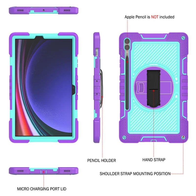 Protective Kickstand Case for Samsung Galaxy Tab S9+ Anti-Drop Silicone+PC Tablet Cover with Wrist Band / Shoulder Strap - Purple+Mint Green
