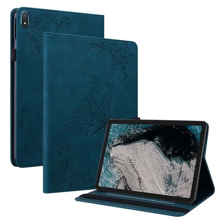Funda Protectora Antirrayas para Tablet Nokia T20 de Piel de PU con Diseño de Mariposa y Flor, con Soporte y Tarjetero - Azul Oscuro