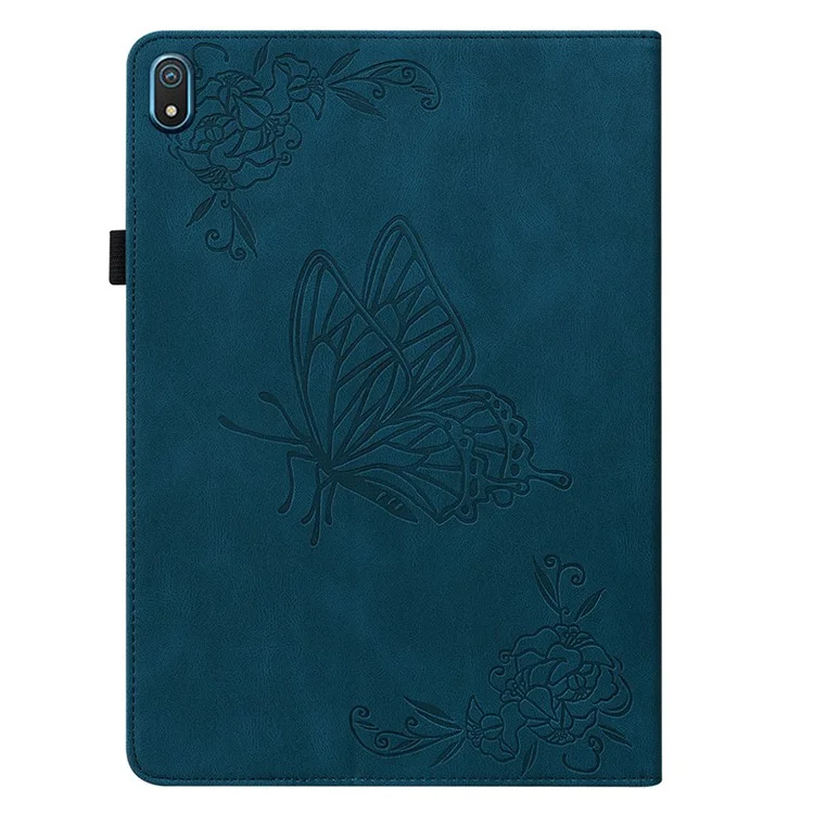 Funda Protectora Antirrayas para Tablet Nokia T20 de Piel de PU con Diseño de Mariposa y Flor, con Soporte y Tarjetero - Azul Oscuro