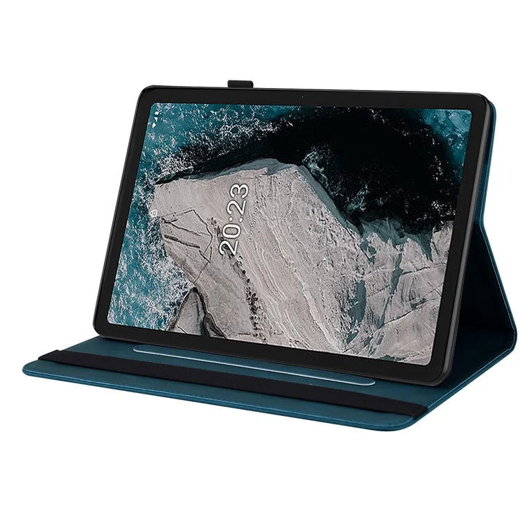 Funda Protectora Antirrayas para Tablet Nokia T20 de Piel de PU con Diseño de Mariposa y Flor, con Soporte y Tarjetero - Azul Oscuro