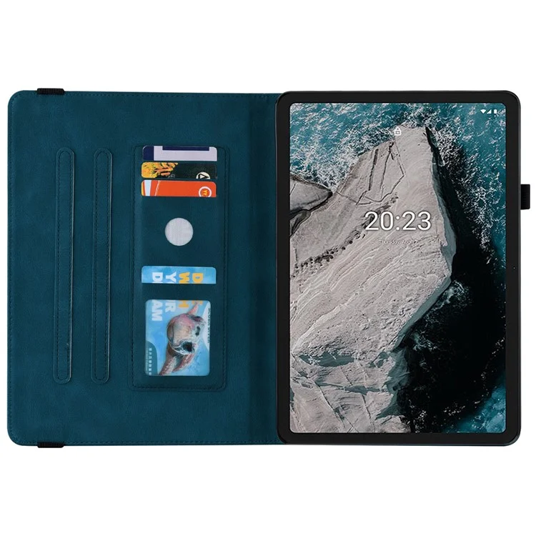 Funda Protectora Antirrayas para Tablet Nokia T20 de Piel de PU con Diseño de Mariposa y Flor, con Soporte y Tarjetero - Azul Oscuro