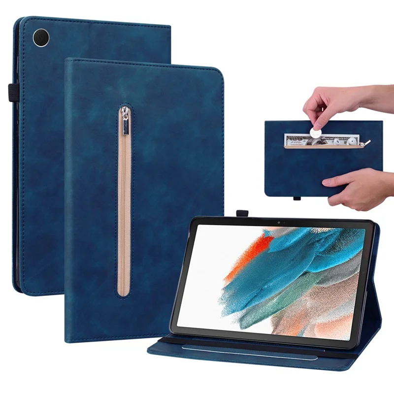 For Samsung Galaxy Tab A9+ PU Leather Tablet Case Zipper Pocket Tablet Cover with Stand - Dark Blue