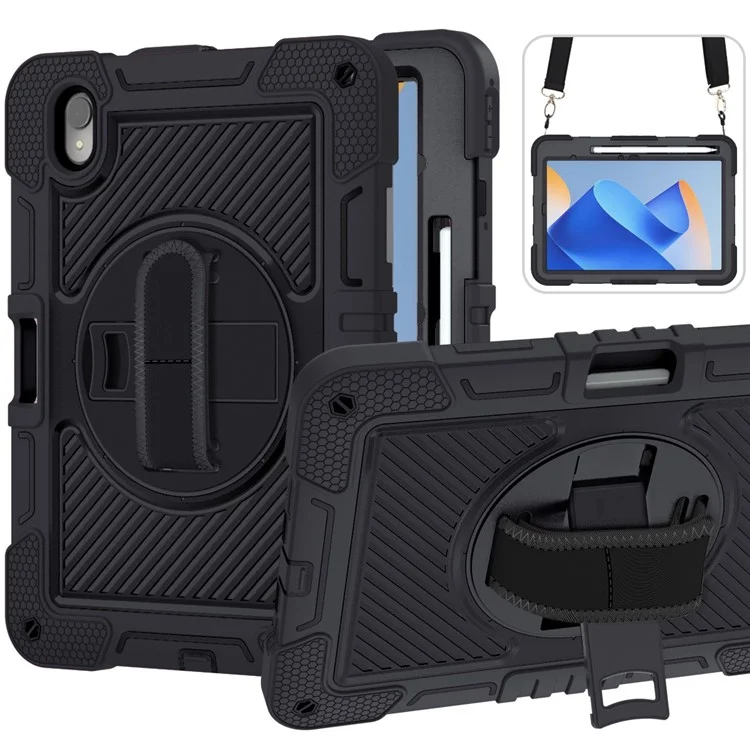 Funda de Tablet de Silicona + PC para Huawei MatePad 11 (2023) Funda Resistente a los Golpes con Soporte Integrado y Correa de Muñeca / Bandolera - Todo Negro