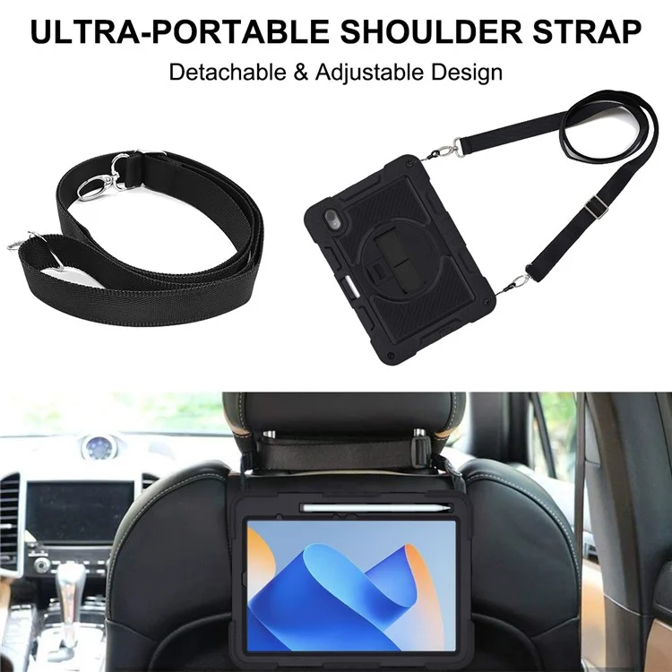 Funda de Tablet de Silicona + PC para Huawei MatePad 11 (2023) Funda Resistente a los Golpes con Soporte Integrado y Correa de Muñeca / Bandolera - Todo Negro