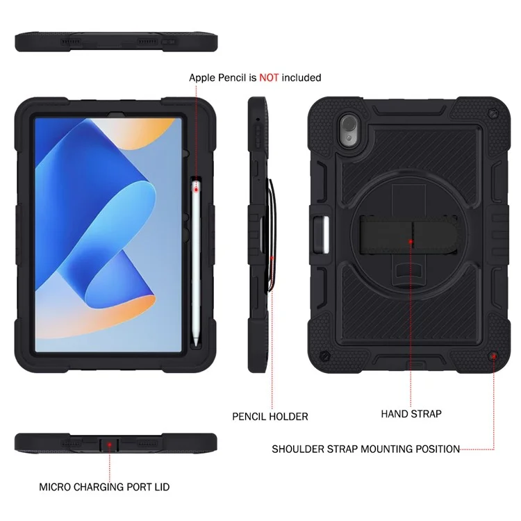 Funda de Tablet de Silicona + PC para Huawei MatePad 11 (2023) Funda Resistente a los Golpes con Soporte Integrado y Correa de Muñeca / Bandolera - Todo Negro