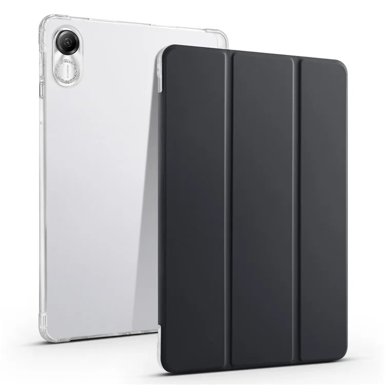 For Honor Pad X8 Pro / Pad X9 Trifold Stand Tablet Case Pen Slot PU Leather Transparent TPU Back Cover - Black
