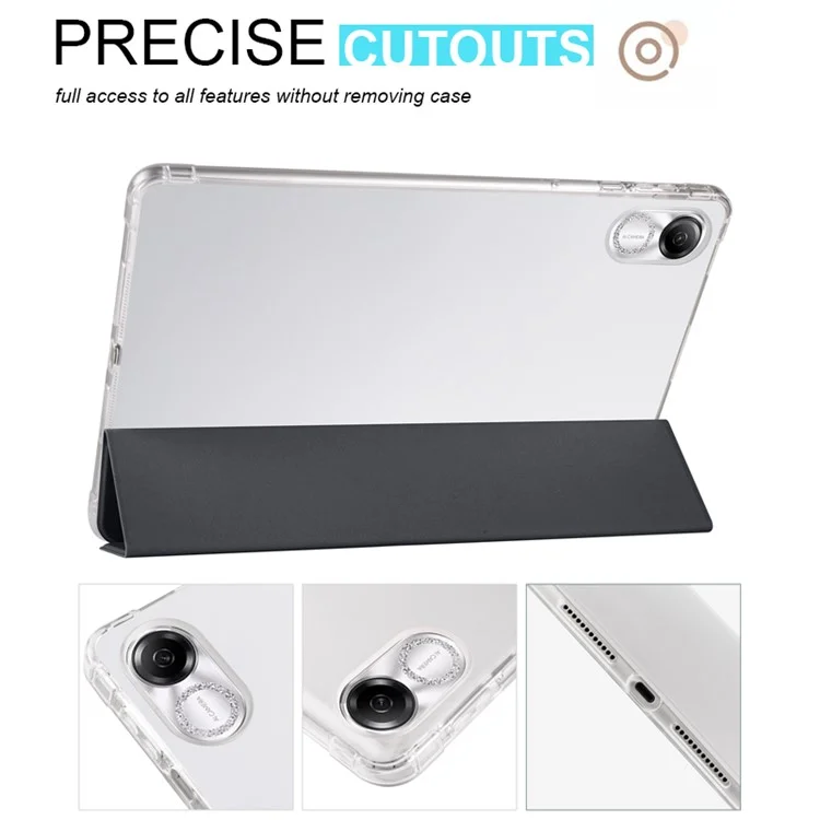For Honor Pad X8 Pro / Pad X9 Trifold Stand Tablet Case Pen Slot PU Leather Transparent TPU Back Cover - Black
