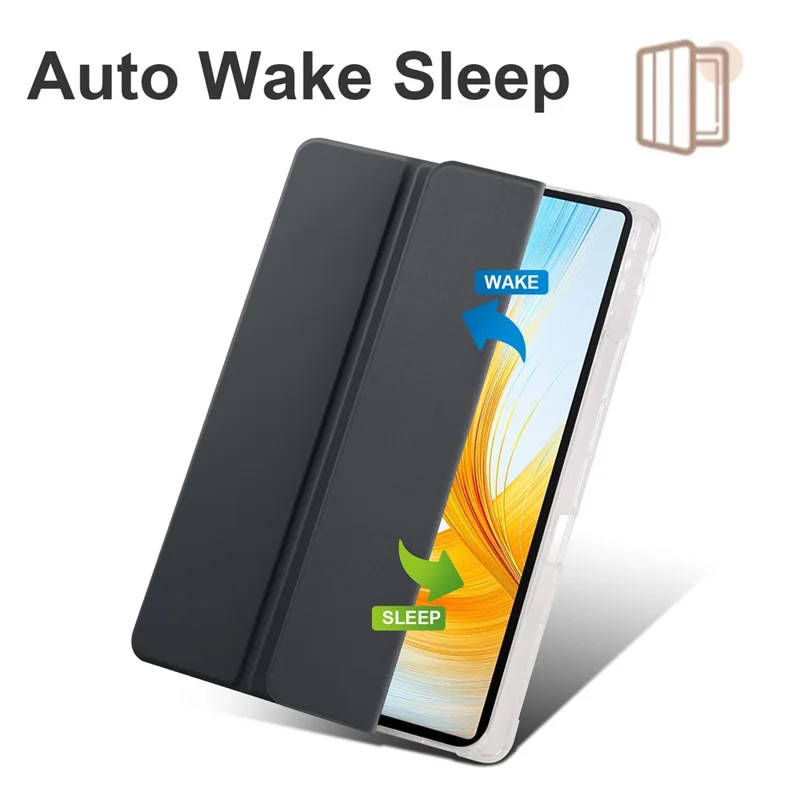 For Honor MagicPad 13 PU Leather Transparent TPU Tablet Case Trifold Stand Tablet Cover with Pencil Holder - Black