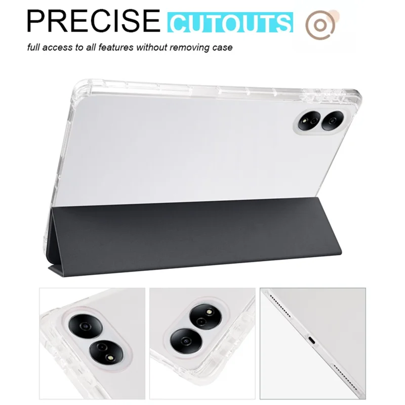 For Honor MagicPad 13 PU Leather Transparent TPU Tablet Case Trifold Stand Tablet Cover with Pencil Holder - Black