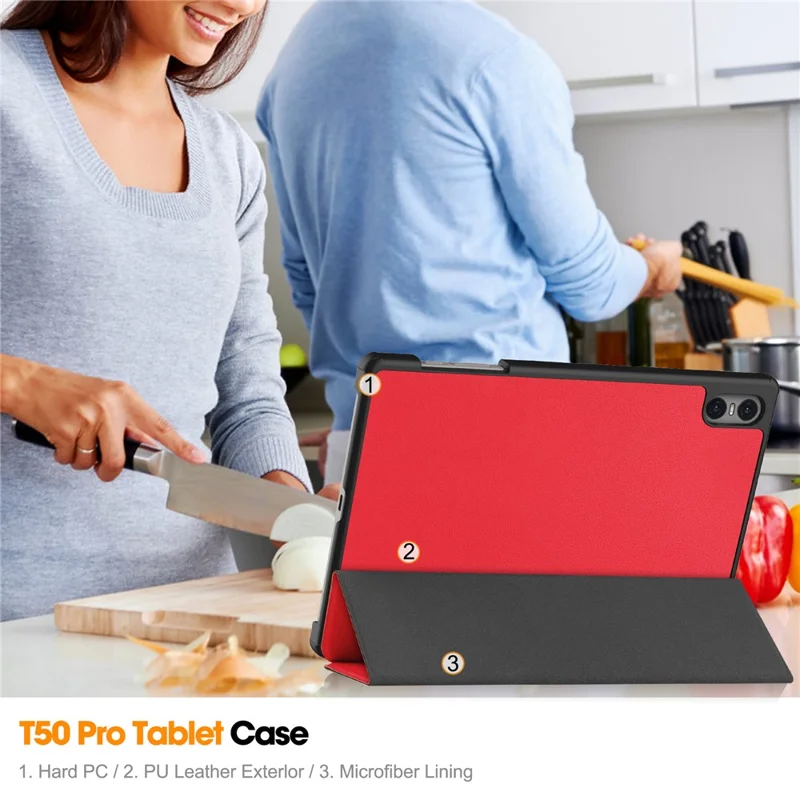 Smart Case for Teclast T50 Pro , PU Leather Shockproof Tri-fold Stand Tablet Cover - Red