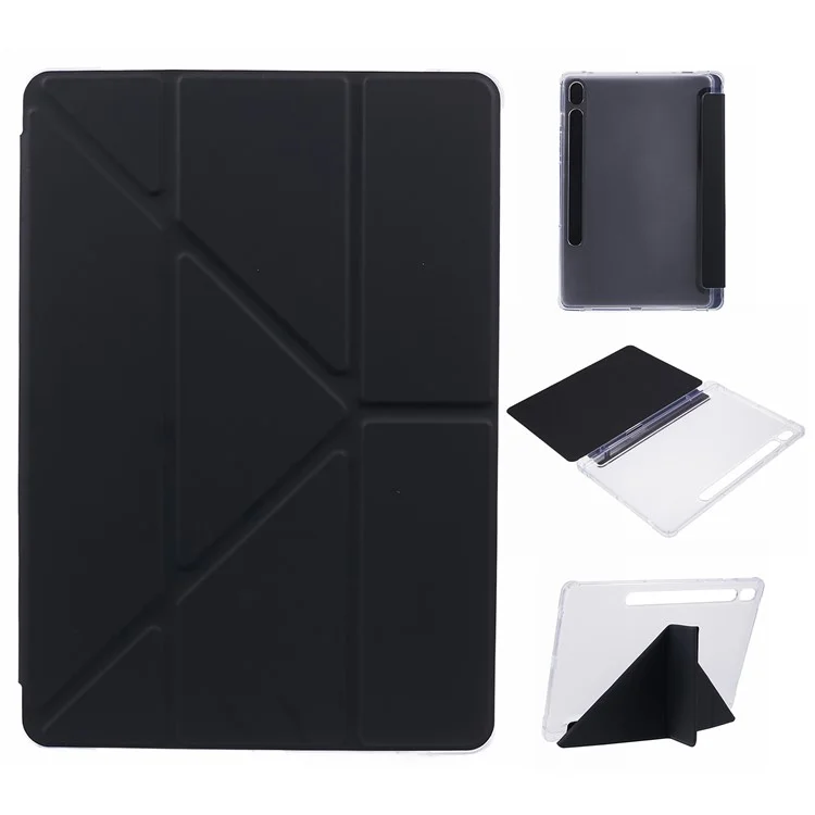 Для Samsung Galaxy Tab S9 PU+Акрил+TPU Чехол Оригами Tri-fold Stand Tablet Cover Auto Wake / Sleep Shockproof Case - Черный