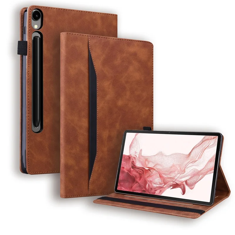 For Samsung Galaxy Tab S9 PU Leather Wallet Cover Shockproof Tablet Case with Stand - Brown