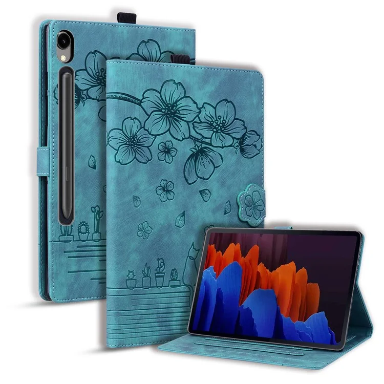For Samsung Galaxy Tab S9 Card Holder Leather Anti-drop Cover Flower Cat Imprint Tablet Stand Case - Green