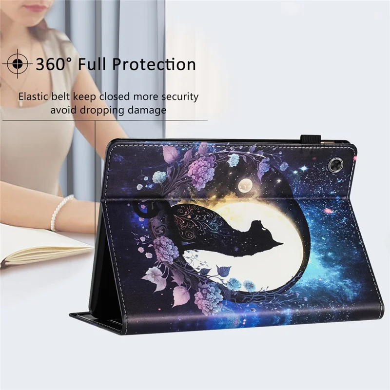For Samsung Galaxy Tab A8 10.5 (2022)  /  (2021) Pattern Printing PU Leather Tablet Case Stand Cover Card Slot - Moon Cat