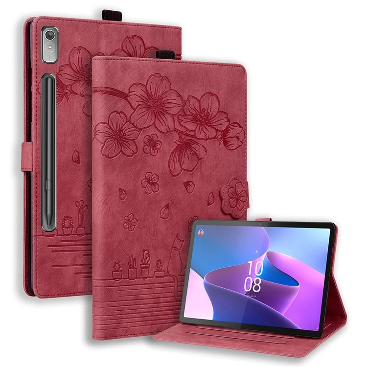 For Lenovo Tab P12 Card Slots PU Leather Tablet Stand Case Flower Cat Imprint Tablet Cover - Wine Red