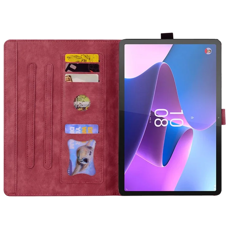 For Lenovo Tab P12 Card Slots PU Leather Tablet Stand Case Flower Cat Imprint Tablet Cover - Wine Red