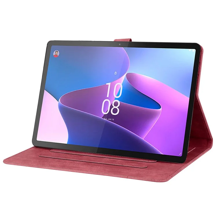 For Lenovo Tab P12 Card Slots PU Leather Tablet Stand Case Flower Cat Imprint Tablet Cover - Wine Red