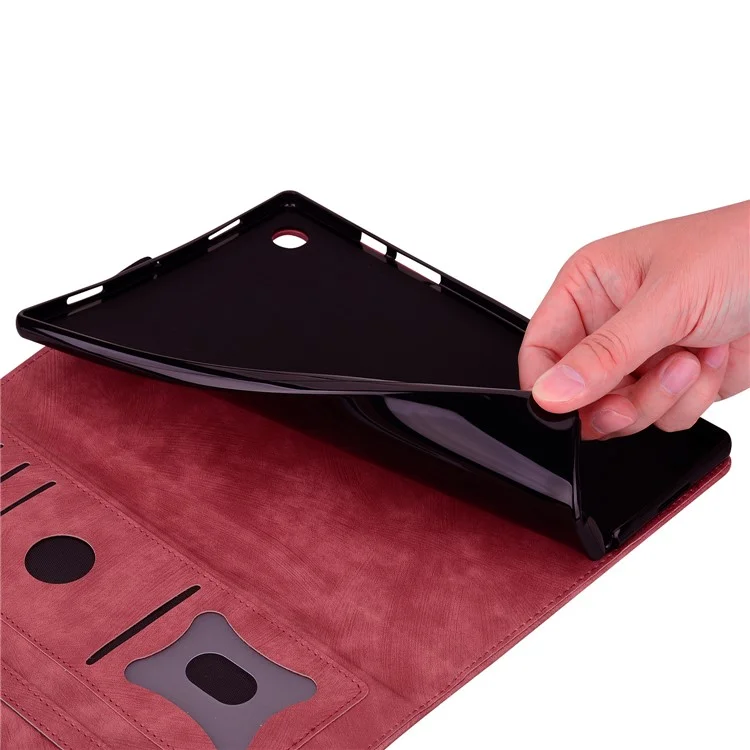 For Lenovo Tab P12 Card Slots PU Leather Tablet Stand Case Flower Cat Imprint Tablet Cover - Wine Red