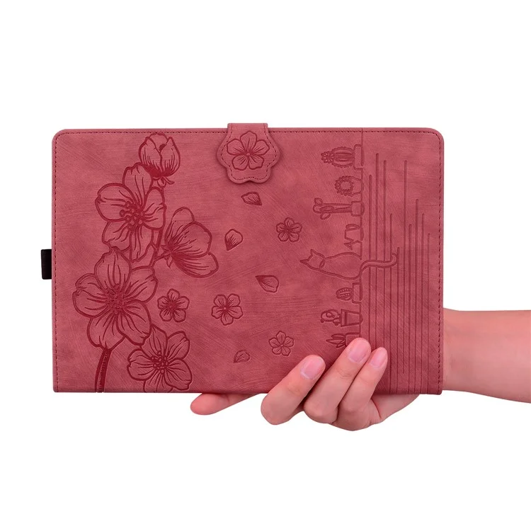 For Lenovo Tab P12 Card Slots PU Leather Tablet Stand Case Flower Cat Imprint Tablet Cover - Wine Red