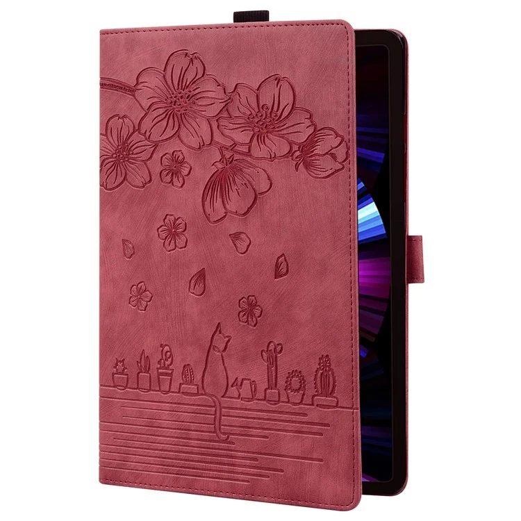 For Lenovo Tab P12 Card Slots PU Leather Tablet Stand Case Flower Cat Imprint Tablet Cover - Wine Red