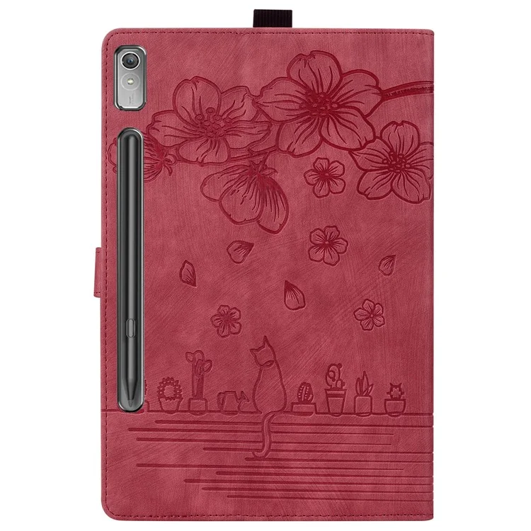 For Lenovo Tab P12 Card Slots PU Leather Tablet Stand Case Flower Cat Imprint Tablet Cover - Wine Red