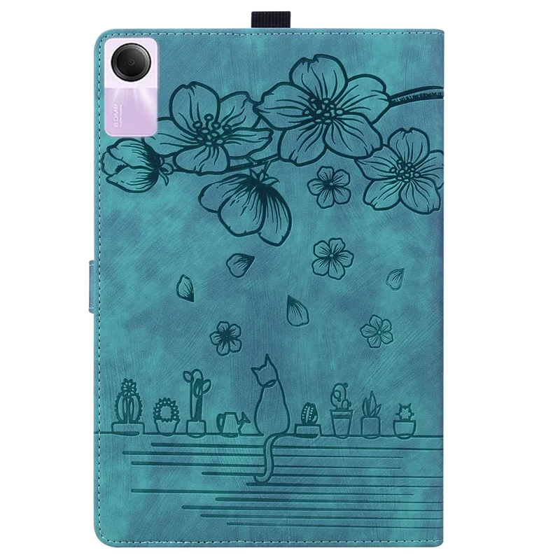 Para Xiaomi Redmi Pad SE Tablet Leather Case Card Holder Flower Cat Imprint Stand Tablet Cover - Verde
