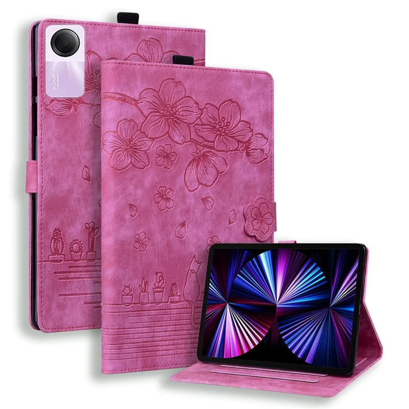 For Xiaomi Redmi Pad SE Tablet Leather Case Card Holder Flower Cat Imprint Stand Tablet Cover - Rose