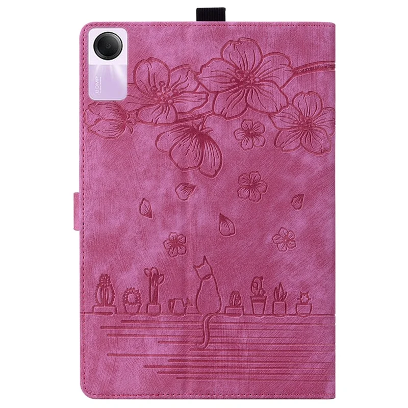 For Xiaomi Redmi Pad SE Tablet Leather Case Card Holder Flower Cat Imprint Stand Tablet Cover - Rose