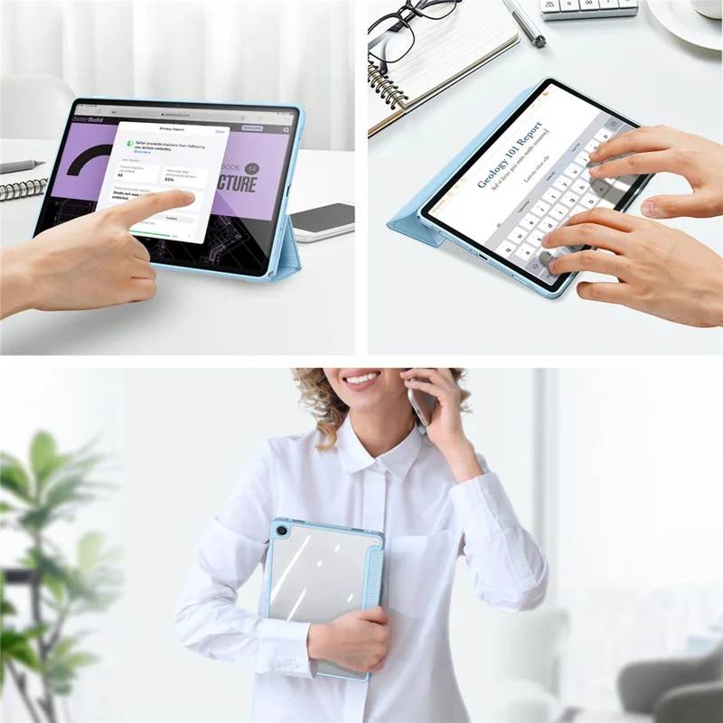 DUX DUCIS TOBY-serie til Samsung Galaxy Tab A9+ trekantet standercover i PU-læder med automatisk tænd/sluk - Babyblå