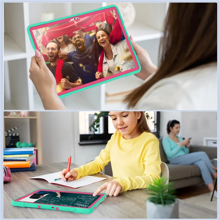 Футляр для планшета в стиле робота для Samsung Galaxy Tab S9+, подставка с двухцветным силиконовым + пластиковым чехлом для планшета - мятно-зеленый / розово-красный