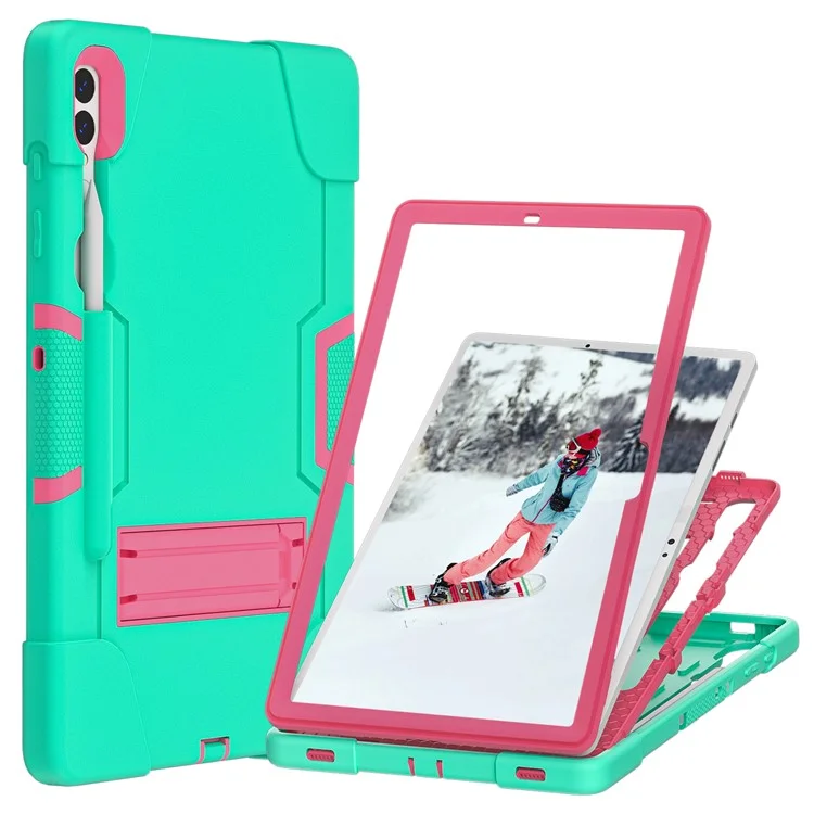 Футляр для планшета в стиле робота для Samsung Galaxy Tab S9+, подставка с двухцветным силиконовым + пластиковым чехлом для планшета - мятно-зеленый / розово-красный