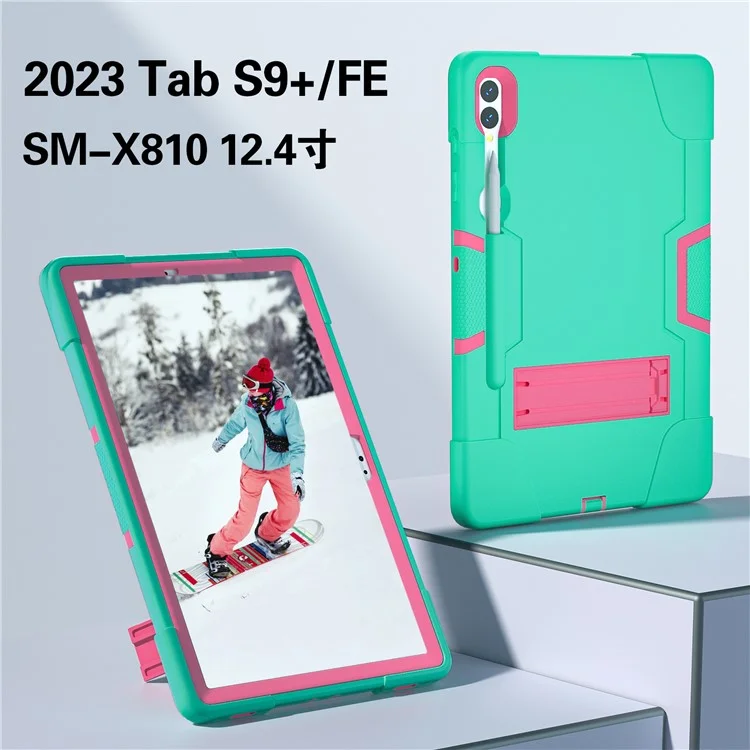 Футляр для планшета в стиле робота для Samsung Galaxy Tab S9+, подставка с двухцветным силиконовым + пластиковым чехлом для планшета - мятно-зеленый / розово-красный