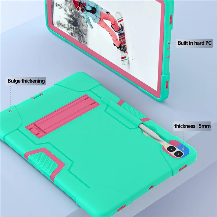 Футляр для планшета в стиле робота для Samsung Galaxy Tab S9+, подставка с двухцветным силиконовым + пластиковым чехлом для планшета - мятно-зеленый / розово-красный