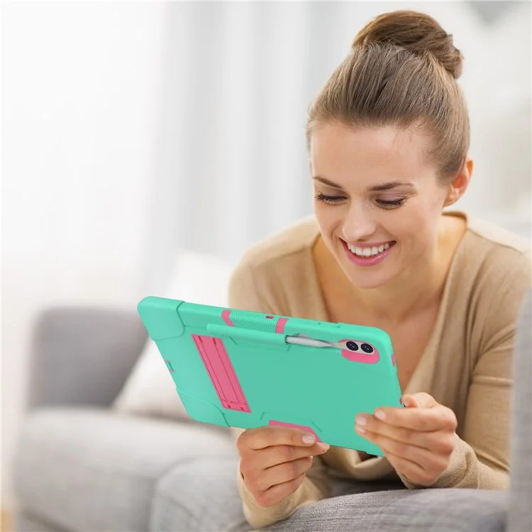 Футляр для планшета в стиле робота для Samsung Galaxy Tab S9+, подставка с двухцветным силиконовым + пластиковым чехлом для планшета - мятно-зеленый / розово-красный